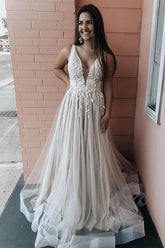 A-Line Appliqued V-neck Satin and Tulle Ivory Bridal Gown Wedding Dress
